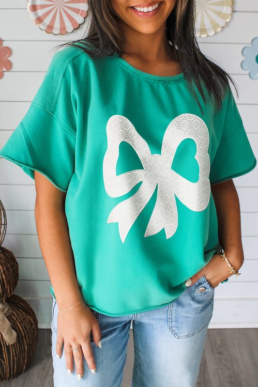 Lace Bow Raw Edge Drop Shoulder Casual T Shirt