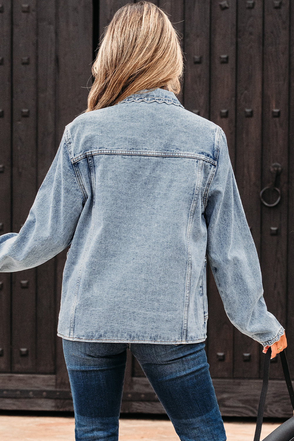 Scallop Trim Collar Patched Pocket Button Up Denim Jacket