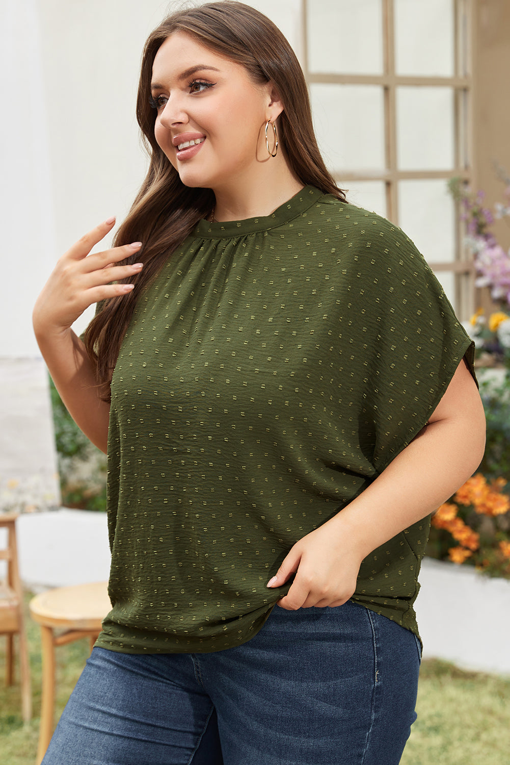 Plus Size Swiss Dot Mock Neck Tied Nape Top