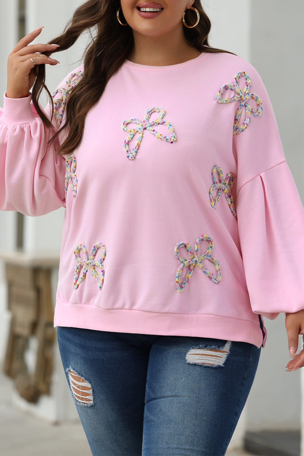 Embroidered Bow Lantern Sleeve Oversized Pullover Sweatshirt