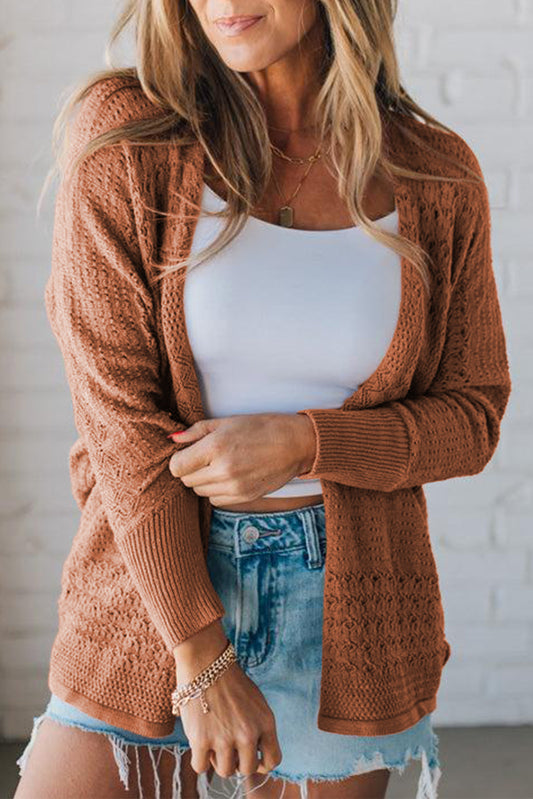 Mix Pattern Hollowed Knit Open Front Cardigan