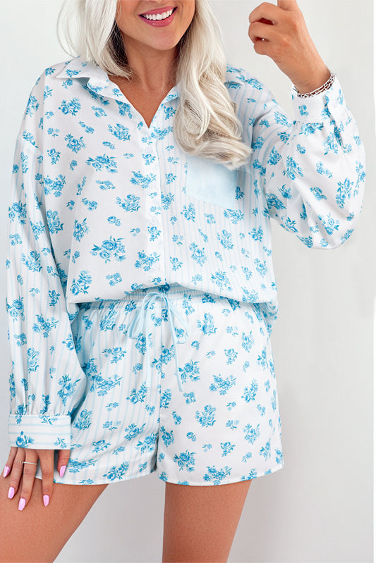 Floral Striped Print Contrast Patched Pocket Shirt and Shorts Set