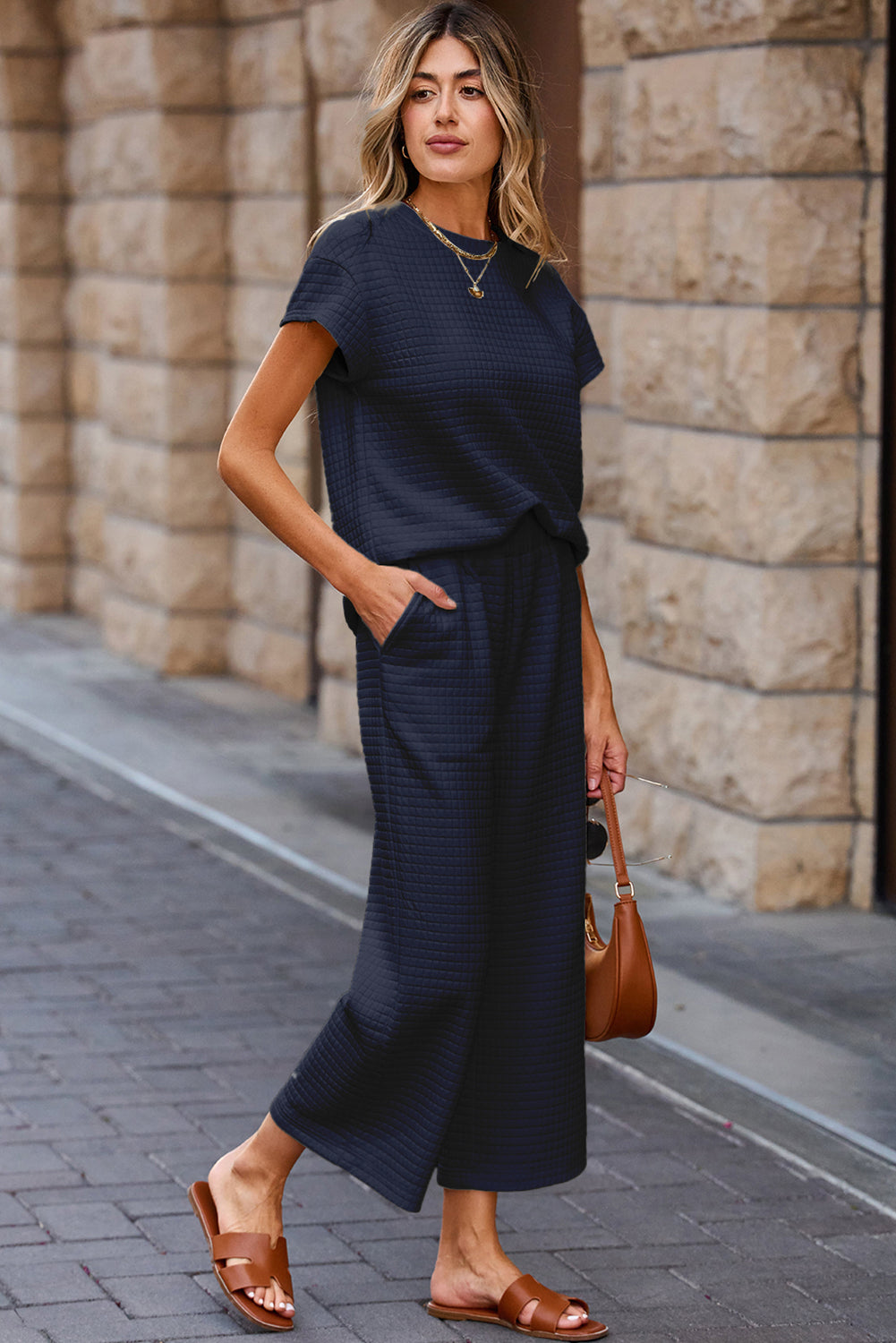 Solid Color Textured Short Sleeve Top and Casual Pants Set