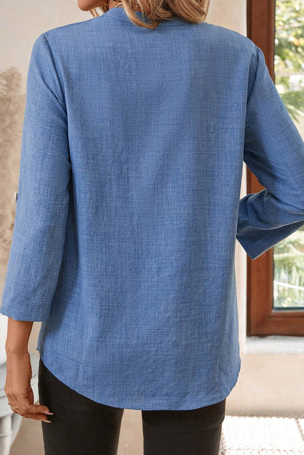 Solid Color Notched V Neck Roll up 3/4 Sleeve Blouse