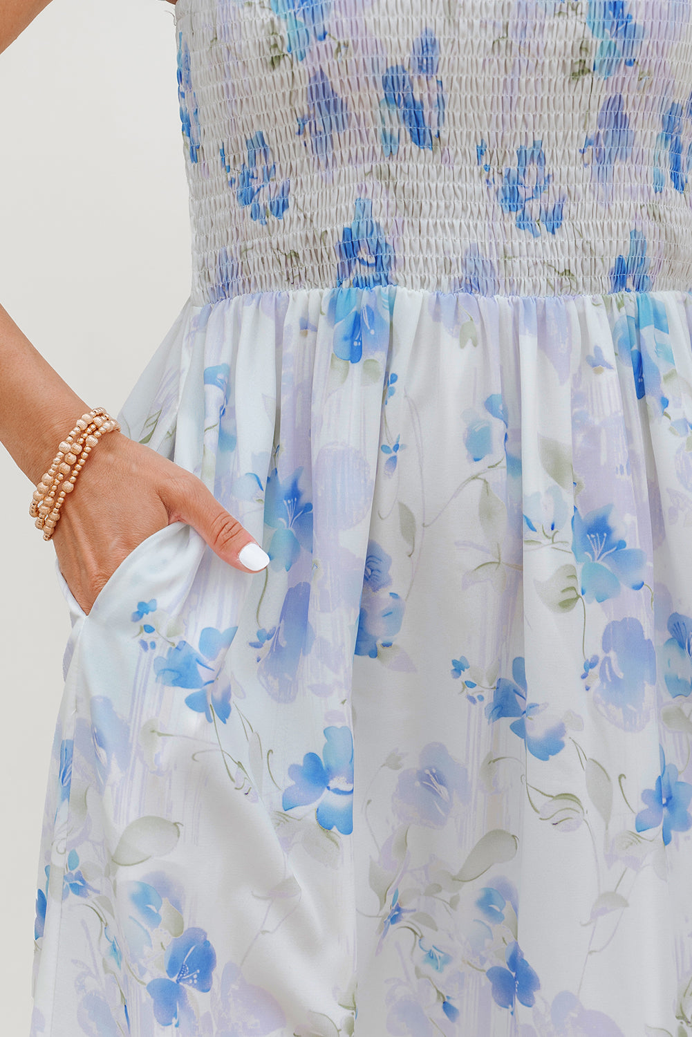 Floral Smocked High Waist Double Ruffle Sleeveless Long Dress