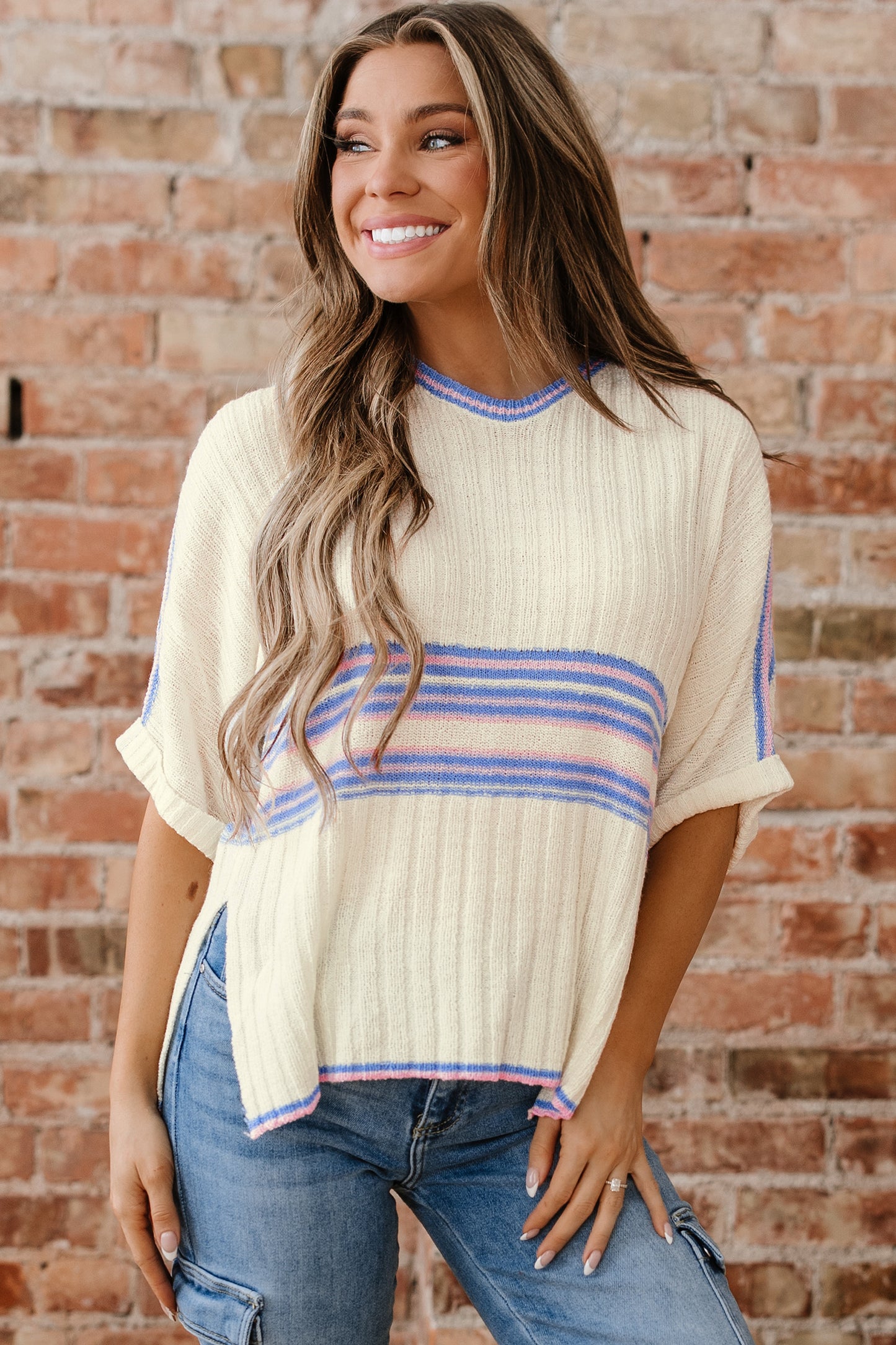 Striped V Neck Dolman Sleeve Rib Knit Oversized Sweater with Slits