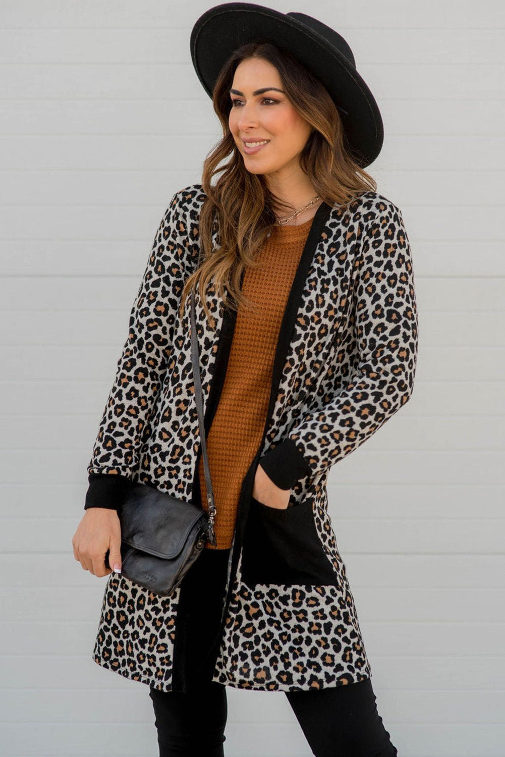 Leopard Patched Pocket Open Front Cardigan