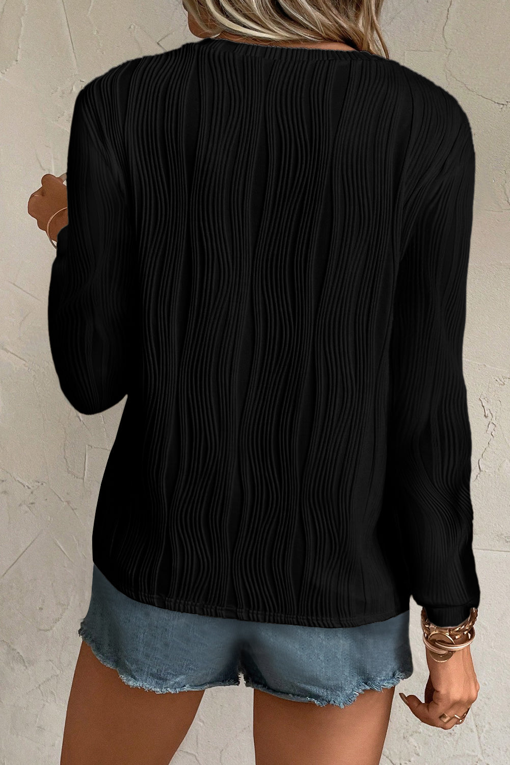 Textured Wavy Round Neck Long Sleeve Top