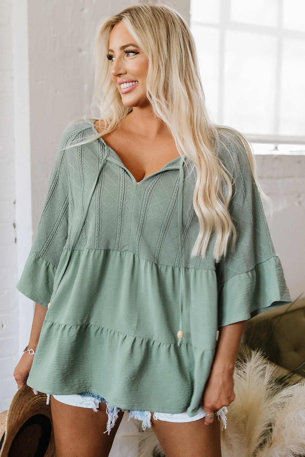 Tie Split Neck Textured Ruffle Patchwork Blouse