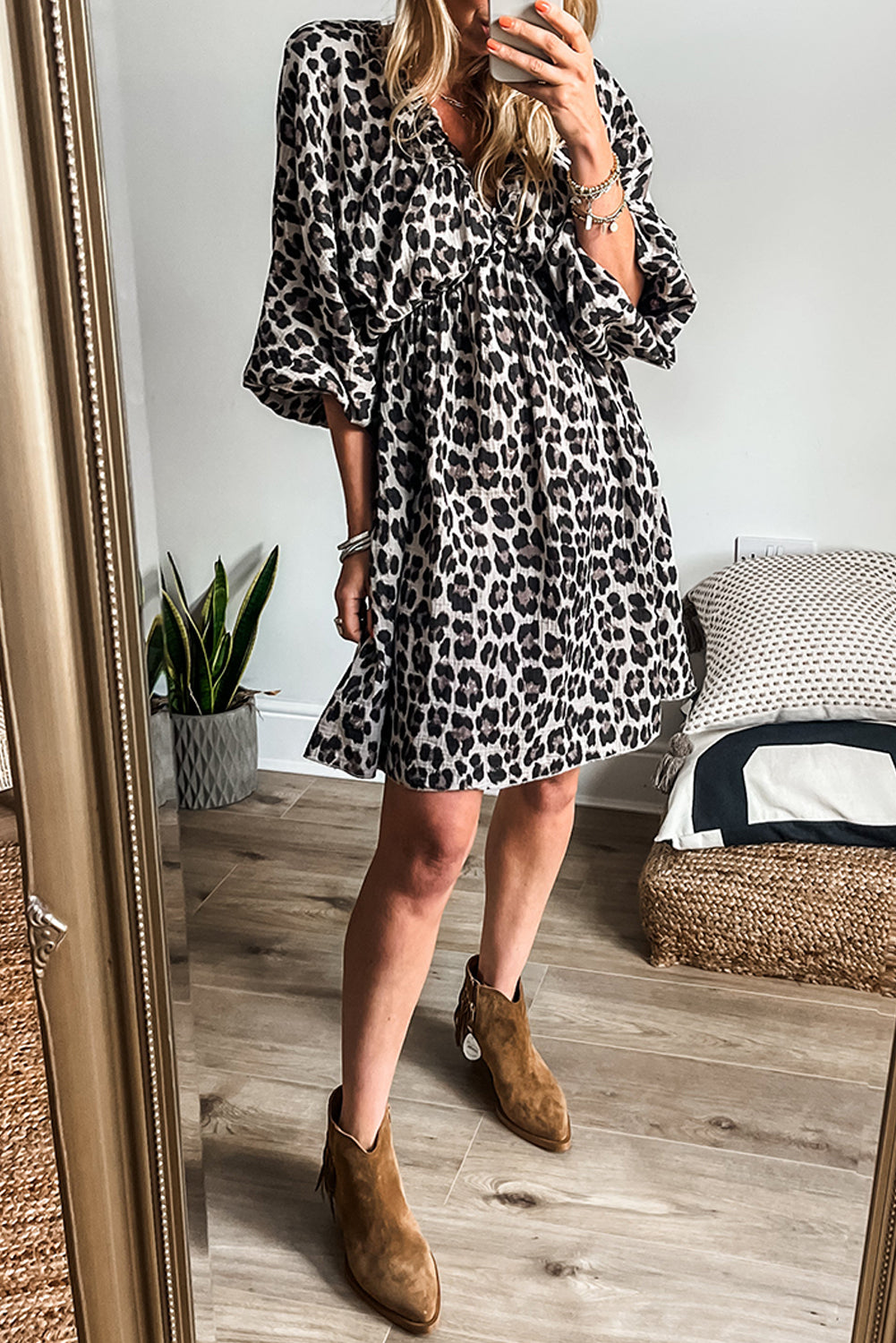 Leopard Print Elasticated V Neck 3/4 Puff Sleeve Dress