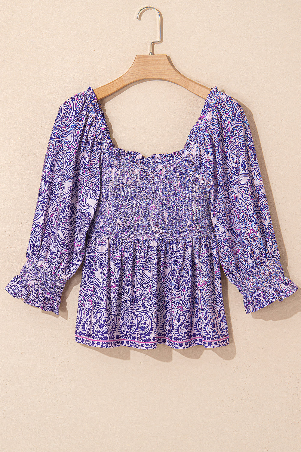 Boho Paisley Print Half Sleeve Shirred Peplum Blouse