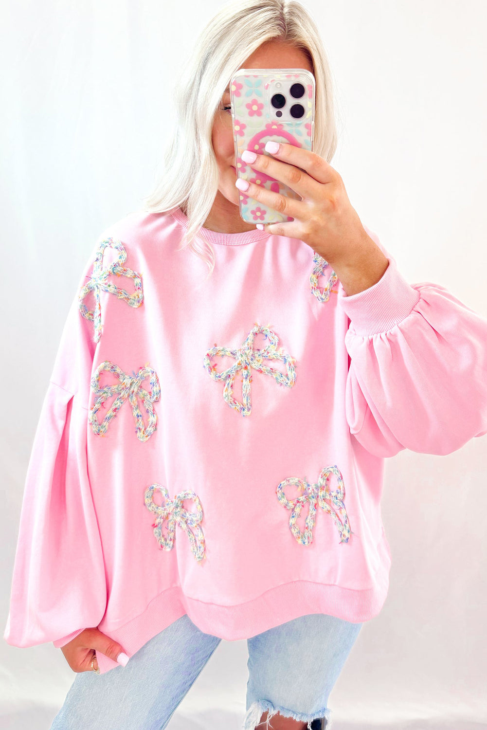 Embroidered Bow Lantern Sleeve Oversized Pullover Sweatshirt