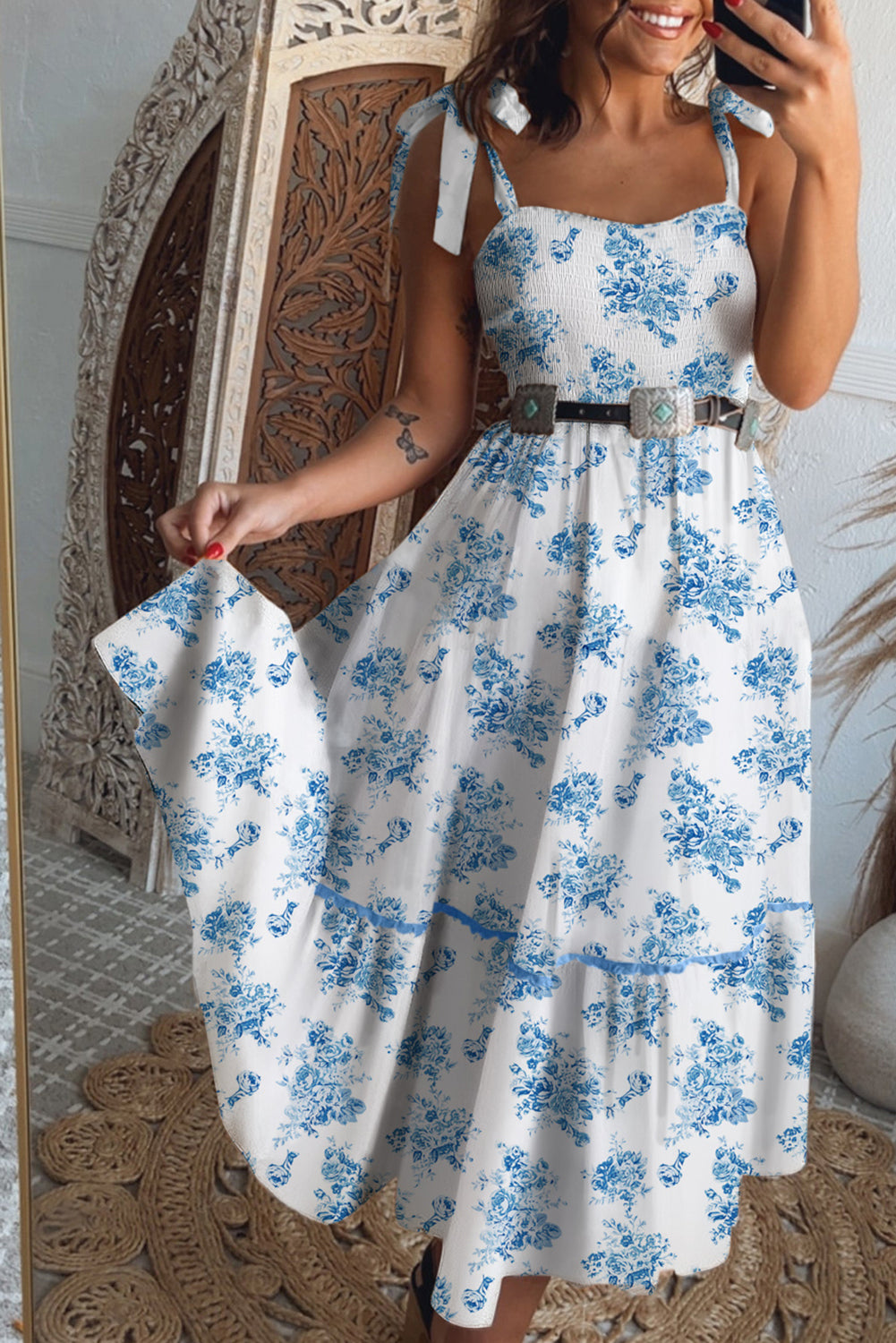 Floral Print Shirred Knot Shoulder Sleeveless Long Dress