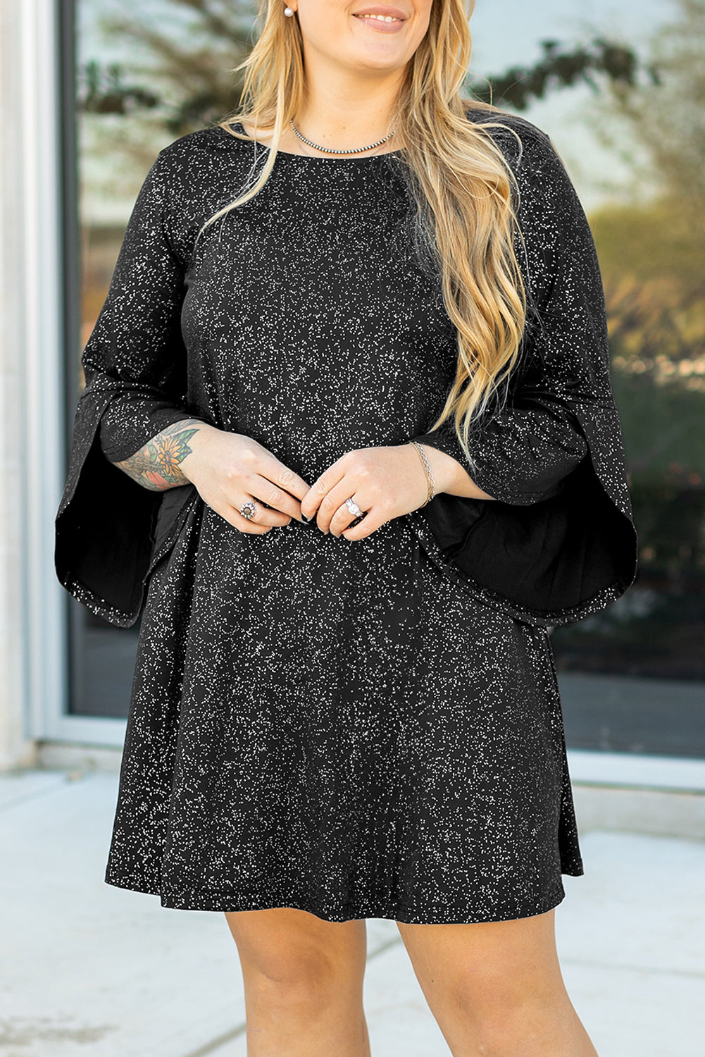 Black Plus Size Glitter Metallic Bell Sleeve Round Neck Mini Dress