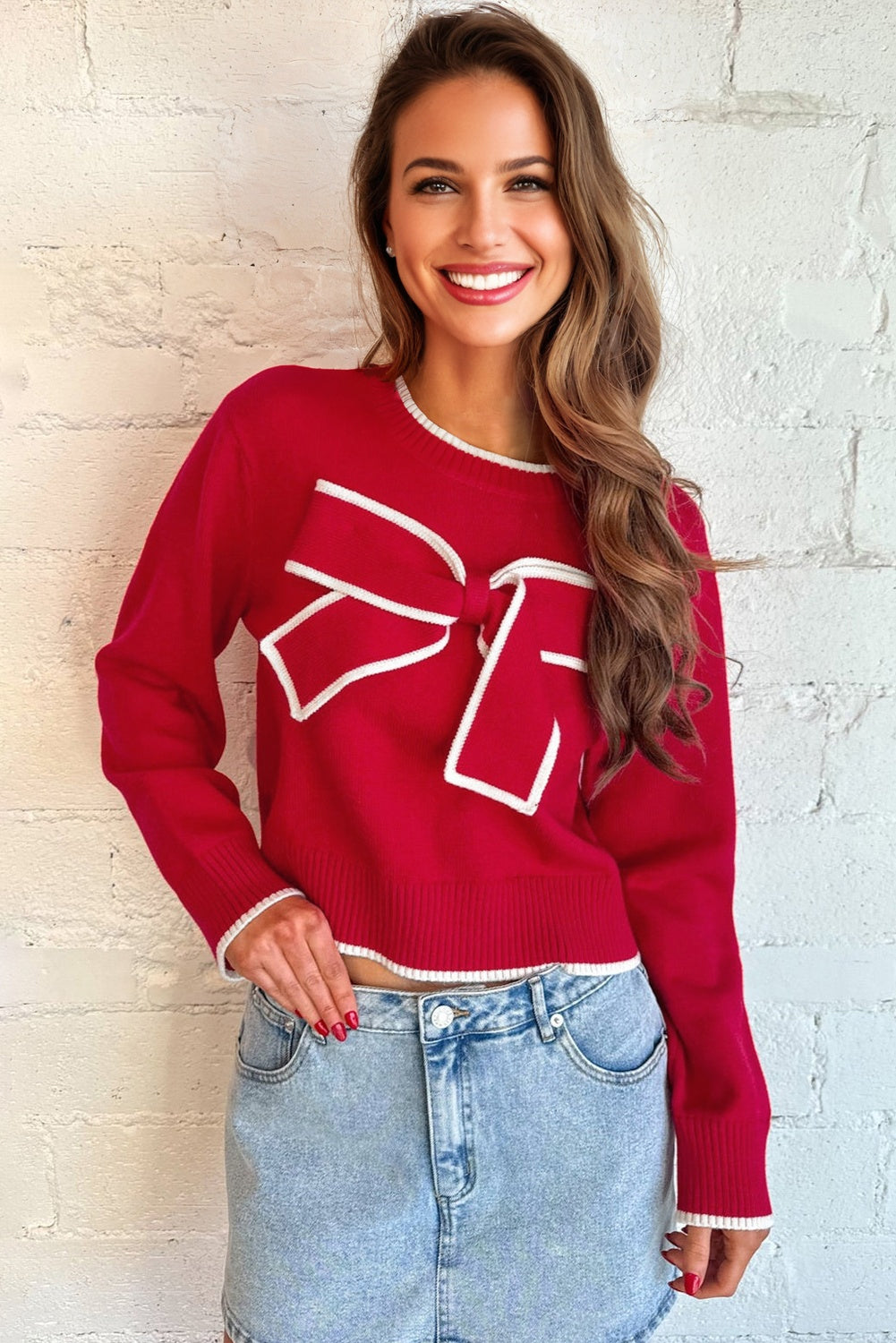 Contrast Trim Big Bow Accent Holiday Cropped Sweater