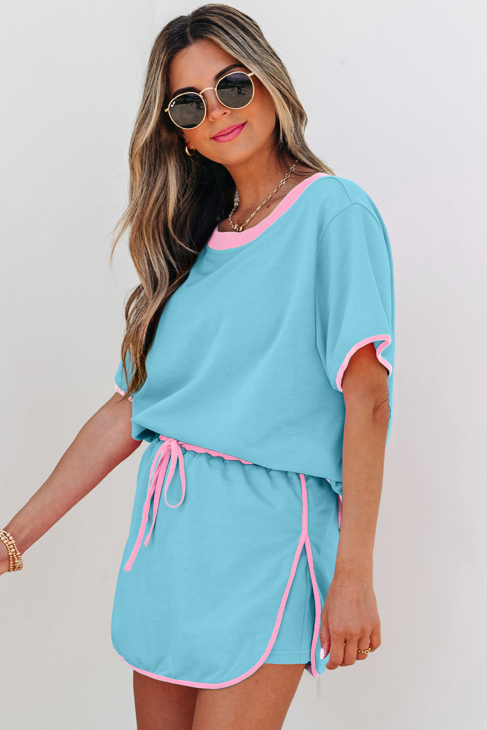 Colorblock Edge Drop Shoulder T Shirt and Skort 2Pcs Set