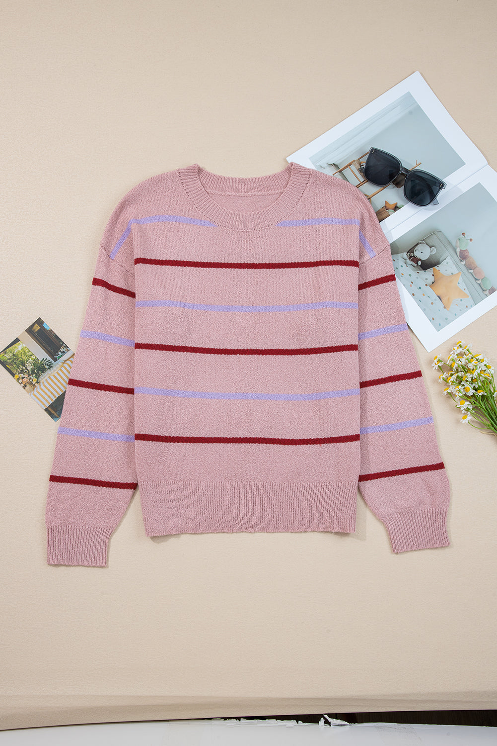 Stripe Ribbed Edge Drop Shoulder Sweater