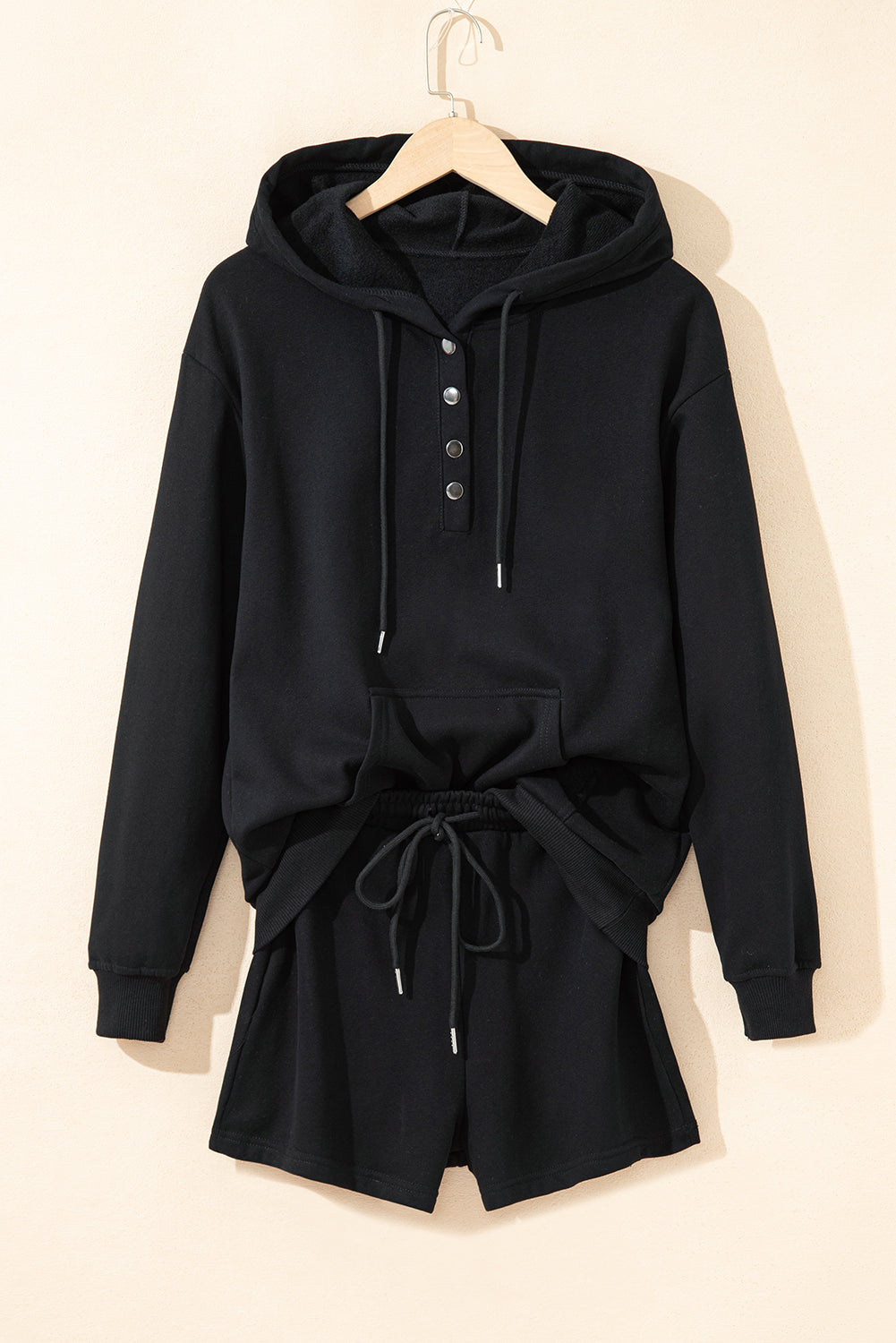 Button Drawstring Hooded Pullover and Casual Short Set