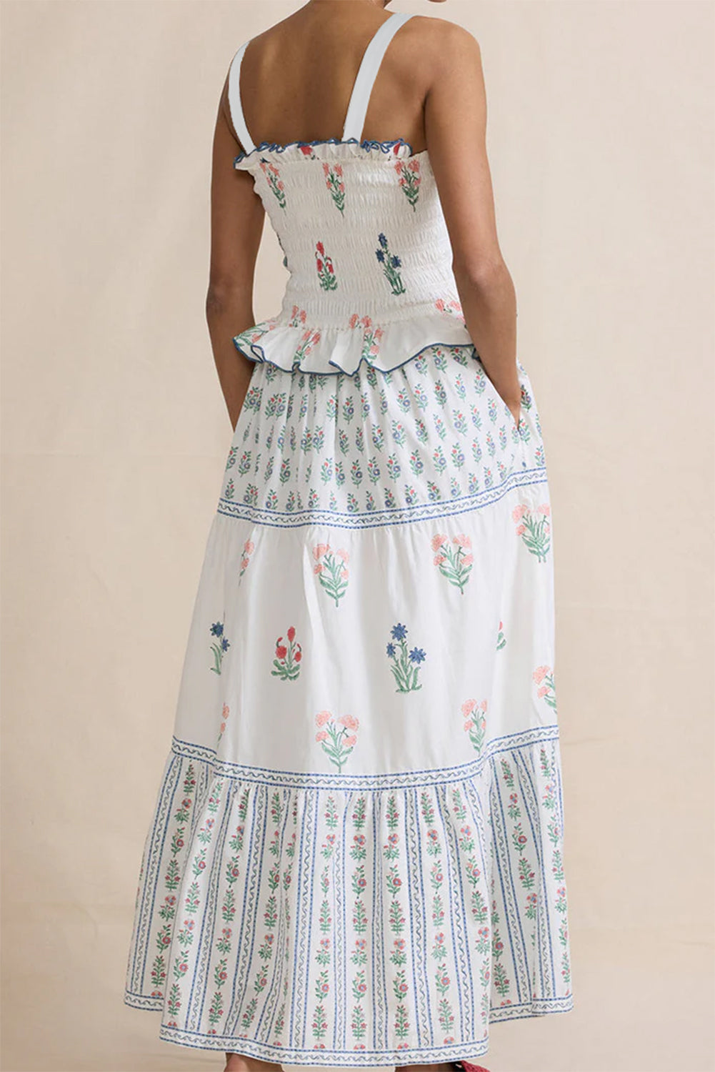 Floral Print Smocked Ruffled Sleeveless Maxi Dress