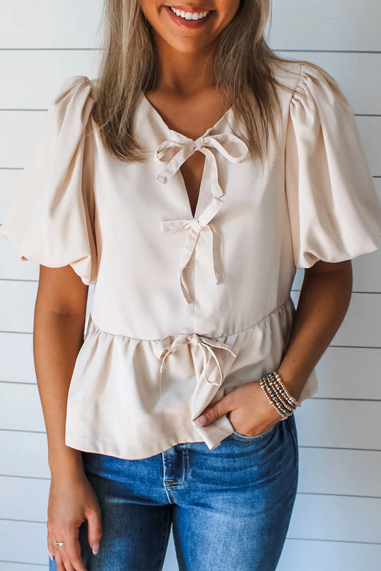 Bow Tie Short Puff Sleeve Ruffle Hem Blouse