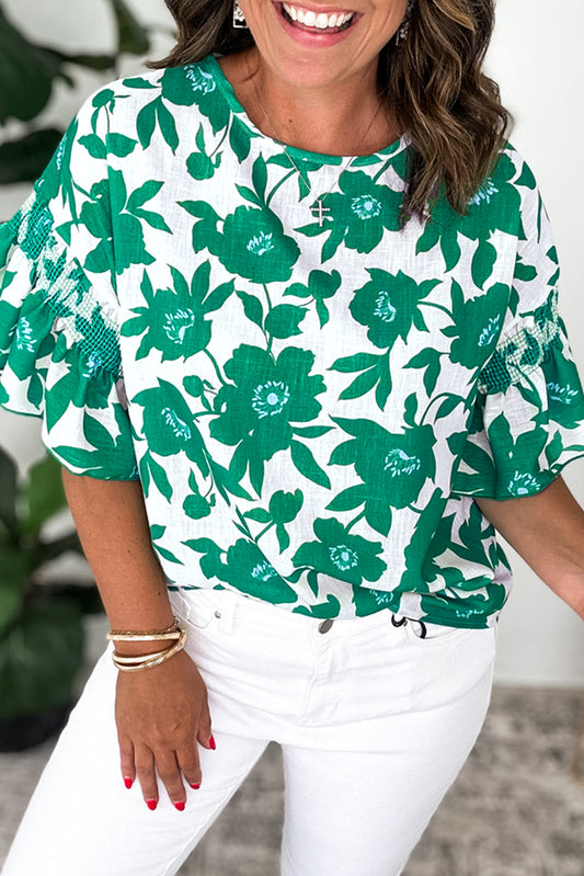 Floral Printed Ruffled Short Sleeve Round Neck Loose Blouse