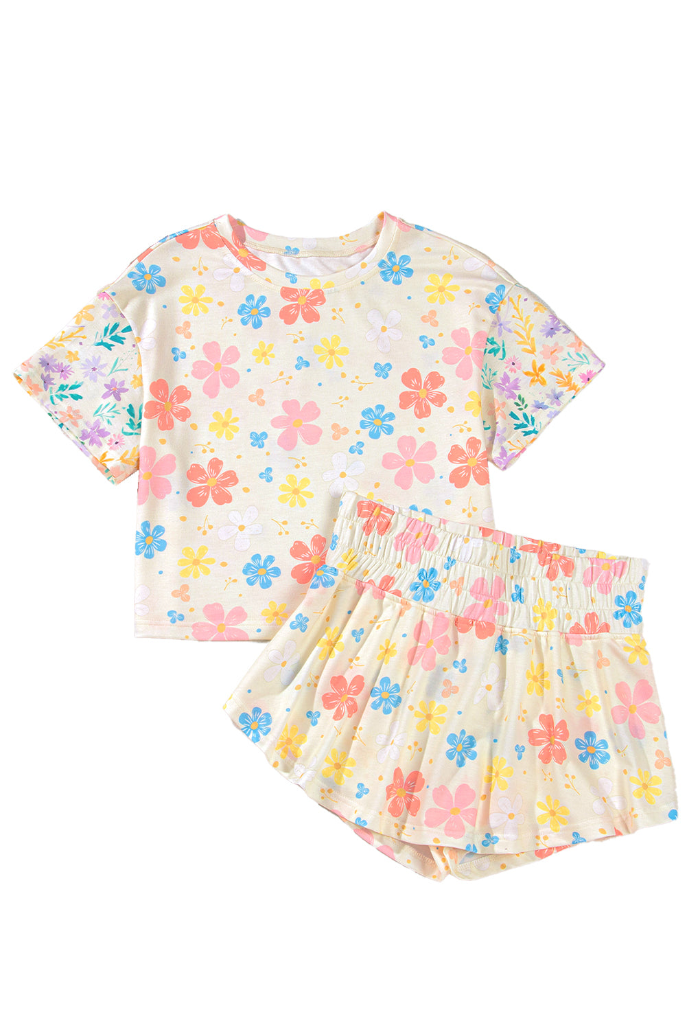 Floral Print Crop Top Wide Leg Short Set
