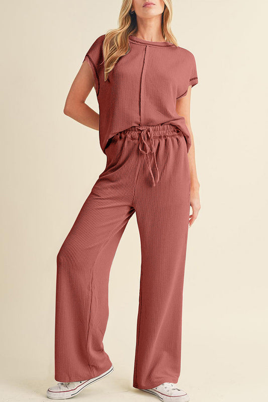 Solid Color Corded Short Sleeve Top and Casual Pants Set