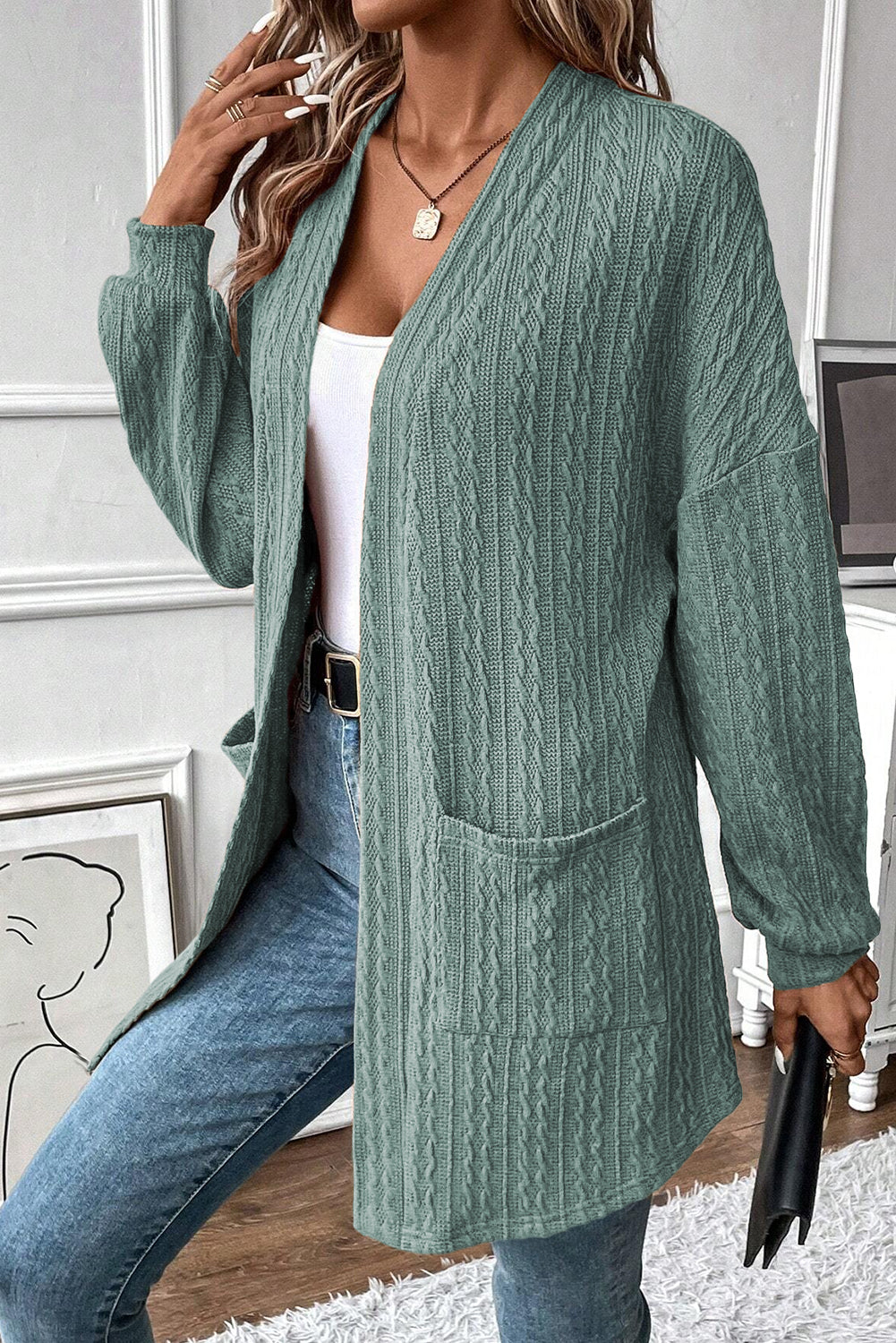 Textured Knit Side Pockets Open Front Cardigan