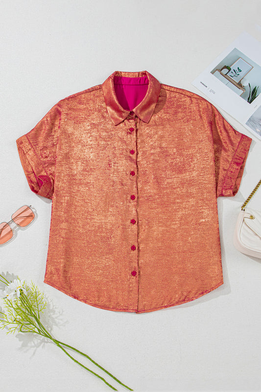 Plus Size Metallic Sheen Short Sleeve Button Up Shirt