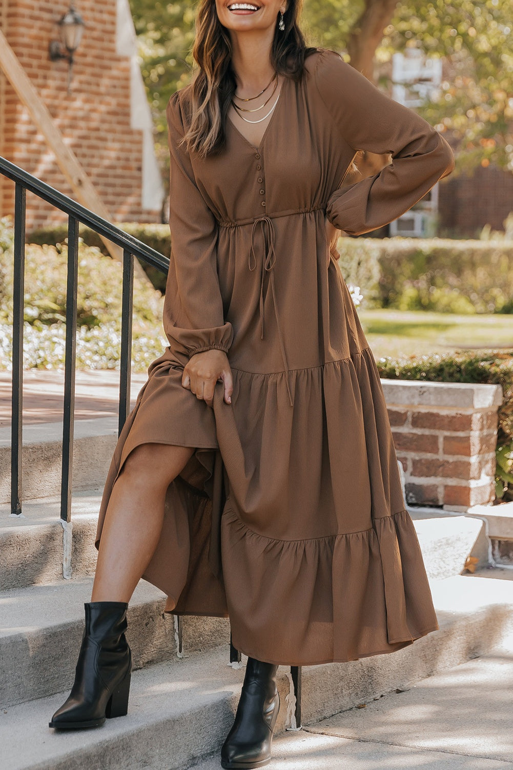 Solid Long Sleeve Button V Neck Tiered Maxi Dress