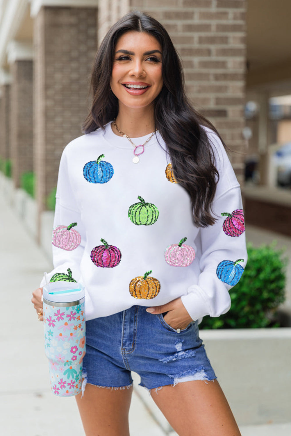 Colorful Pumpkin Sequin Patched Drop Shoulder Sweatshirt