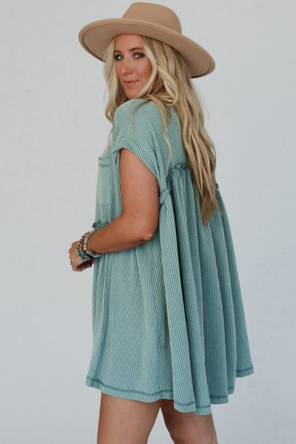 Corded Knit Textured Patched Pocket Frilled Swing Mini Dress with Pockets