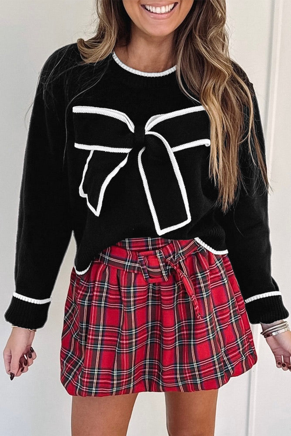 Contrast Trim Big Bow Accent Holiday Cropped Sweater