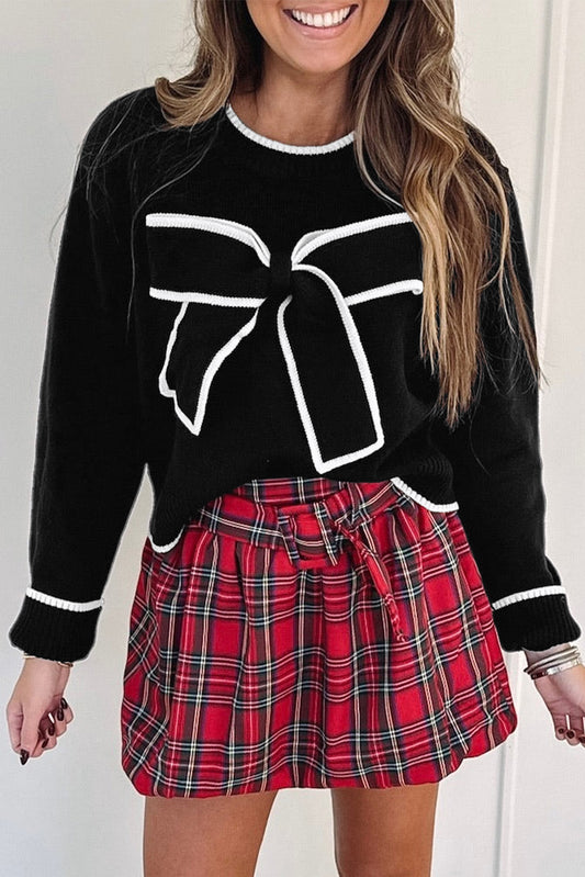 Contrast Trim Big Bow Accent Holiday Cropped Sweater