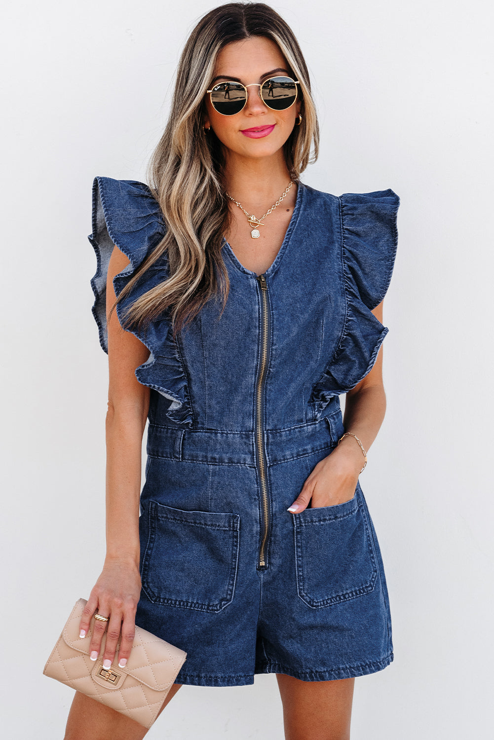 Denim Ruffled Zipped Front Belted Romper