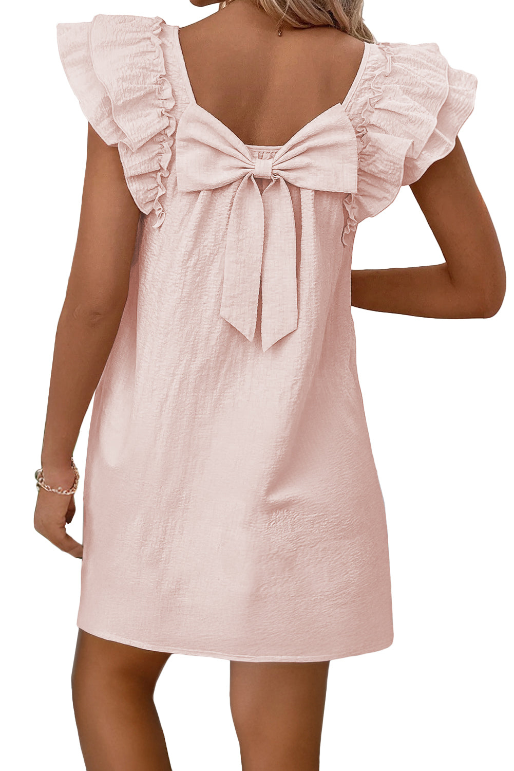 Textured Flutter Sleeve Square Neck Bow Back Mini Dress
