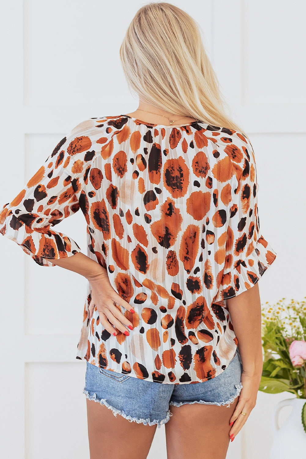 Pleated Abstract Printed Ruffled 3/4 Sleeve Blouse