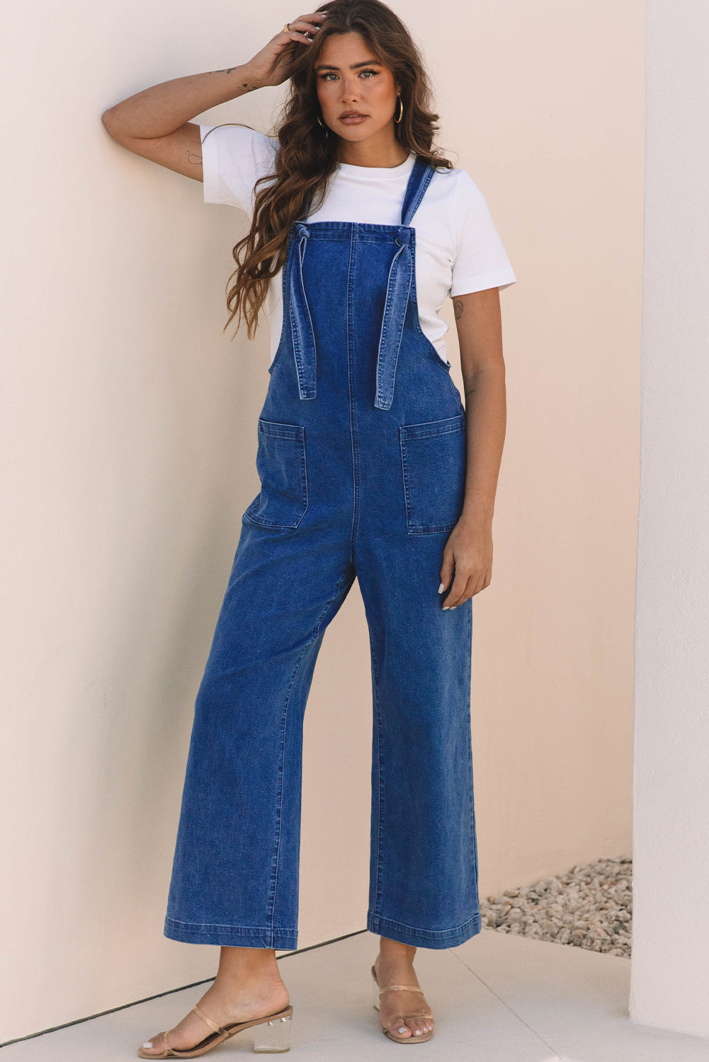 Mineral Wash Knotted Strap Patched Pocket Wide Leg Denim Overalls