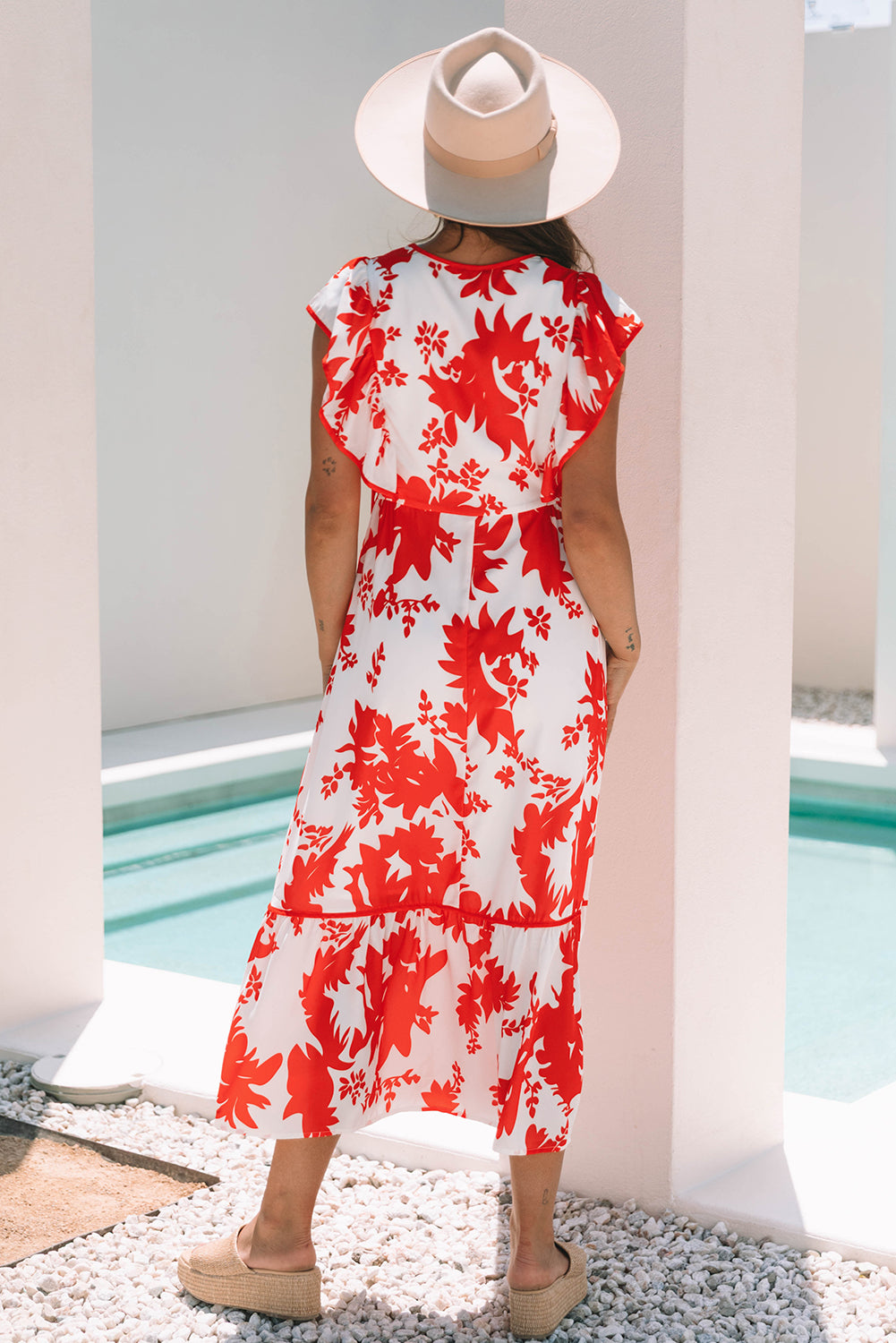Floral Print Trimmed V Neck Ruffle Sleeve Long Dress