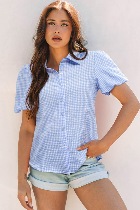 Gingham Short Puff Sleeve Button Up Shirt