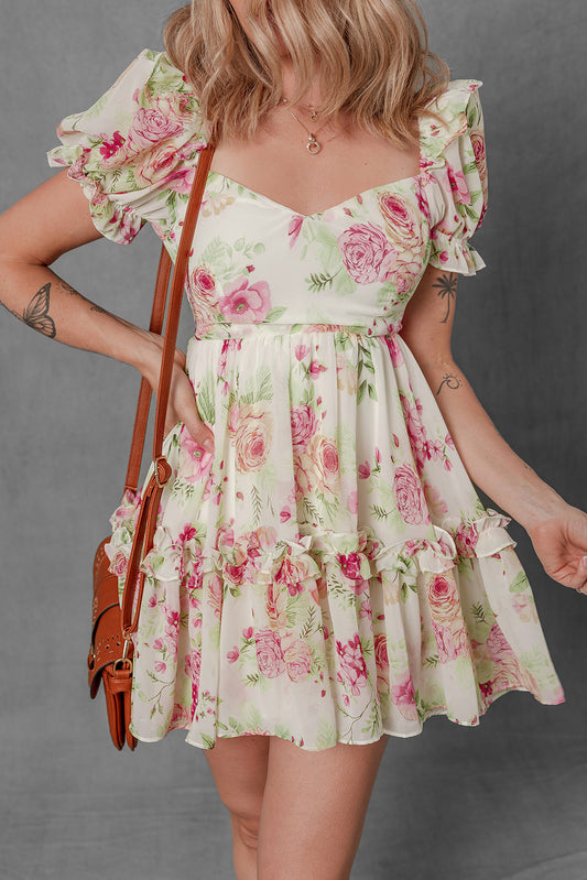 Vibrant Floral Bubble Sleeve Sweetheart Neck Ruffle Mini Dress