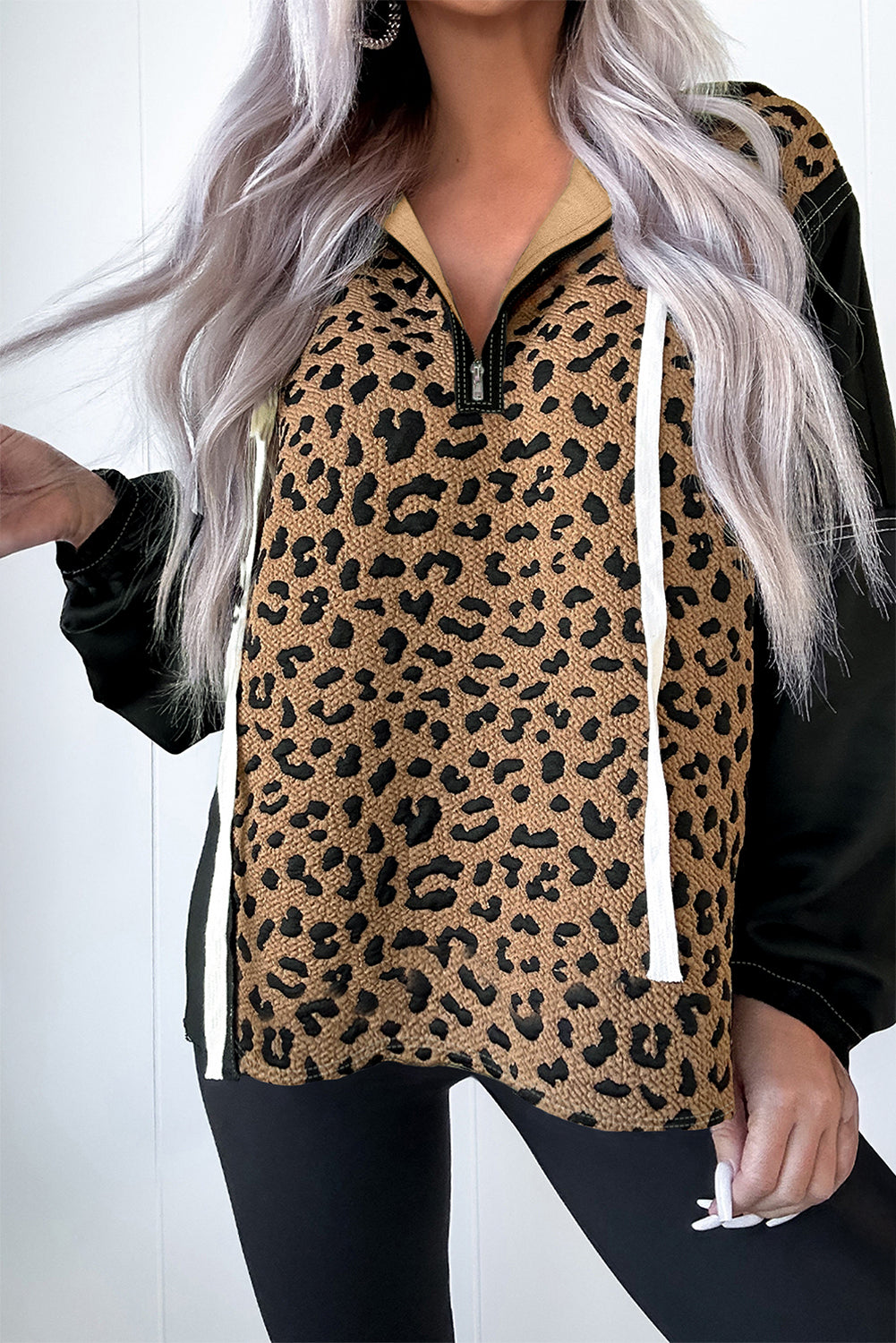 Leopard Patchwork Contrast Stitching Knotted Cuff Quarter Zip Hoodie
