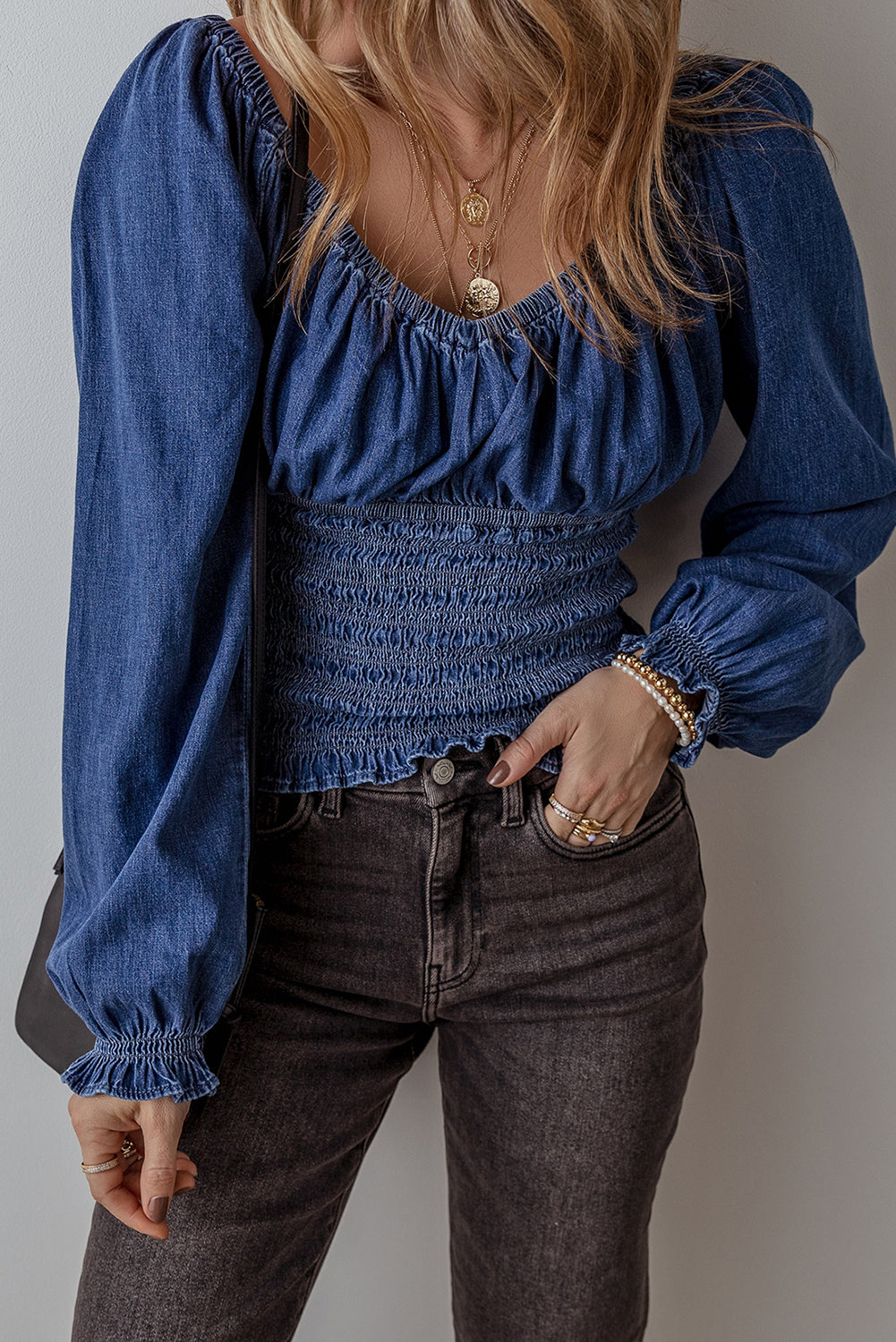 Smocked Ruffled Puff Sleeve V Neck Denim Blouse