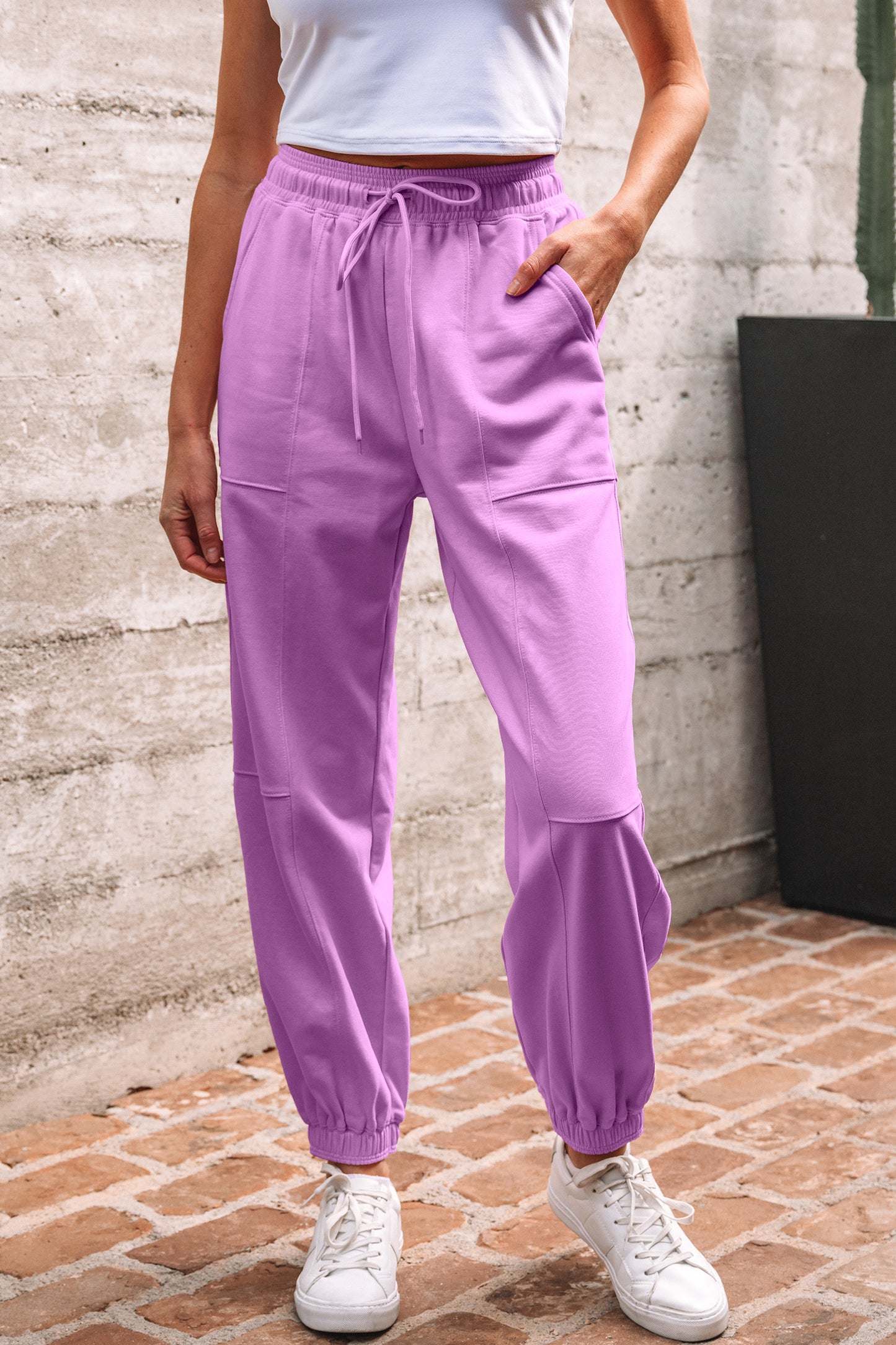 Drawstring Waist Patchwork Solid Color Jogger Pants