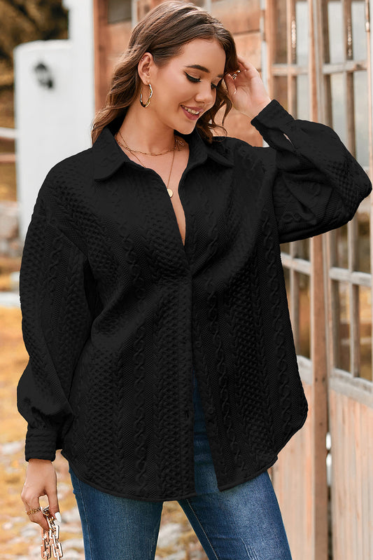 Cable Texture Puff Sleeve Loose Shacket