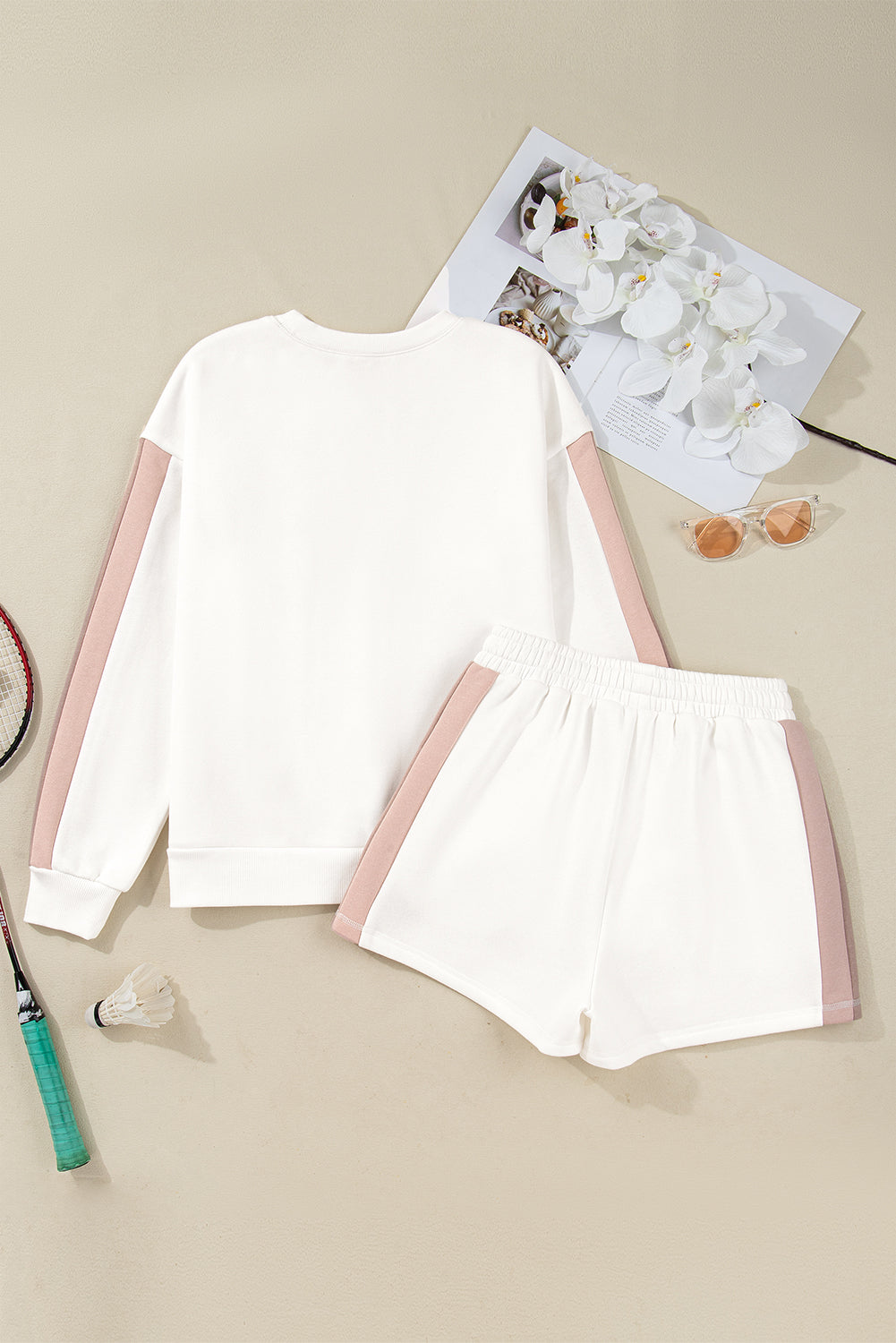 Color Block Patchwork Drop Shoulder Pullover Casual Shorts 2pcs Outfit