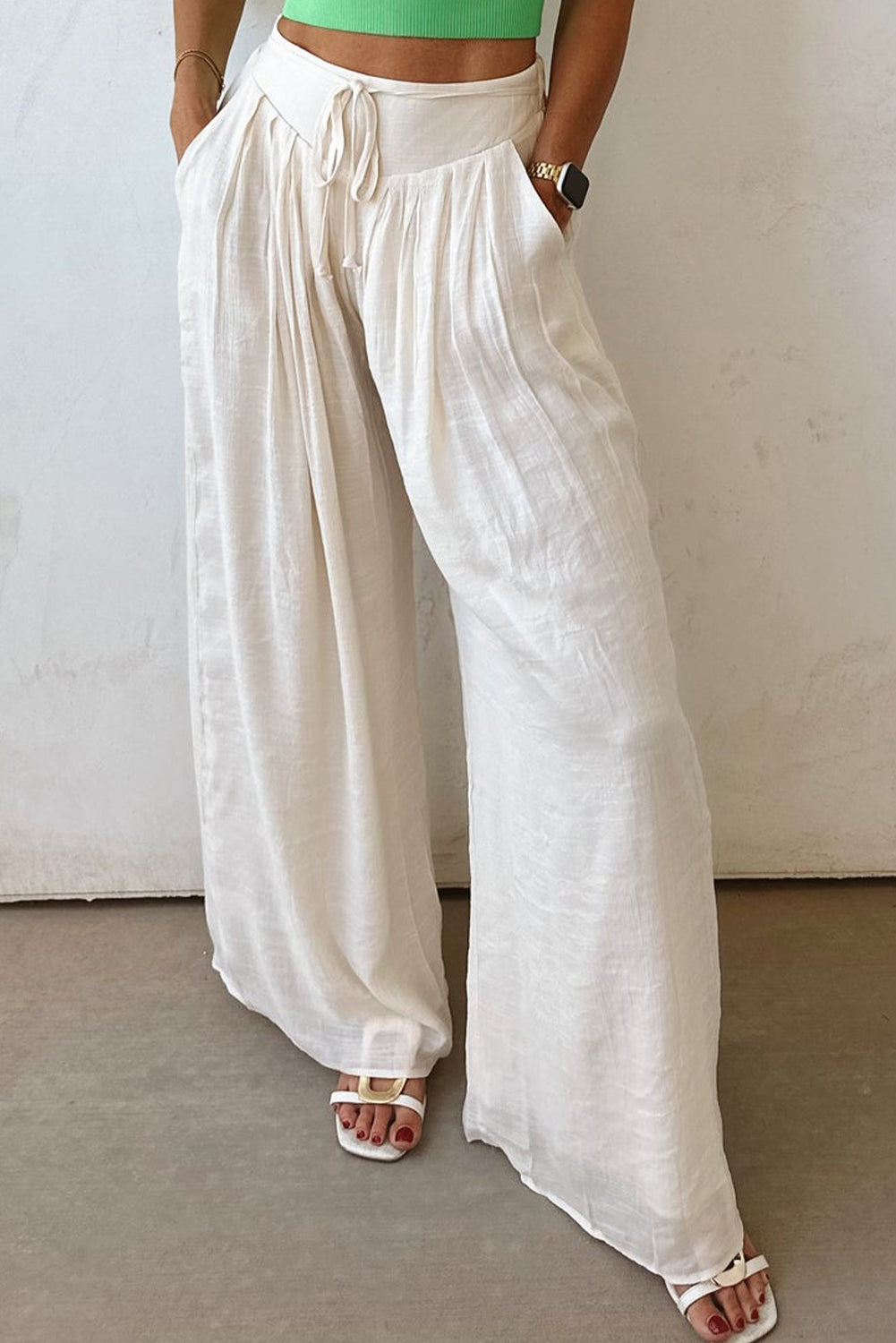 Casual Tie Waist Pleated Wide Leg Pants