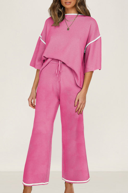 Contrast Trim Half Sleeve Top Drawstring Pants Loose 2pcs Sweater Suit