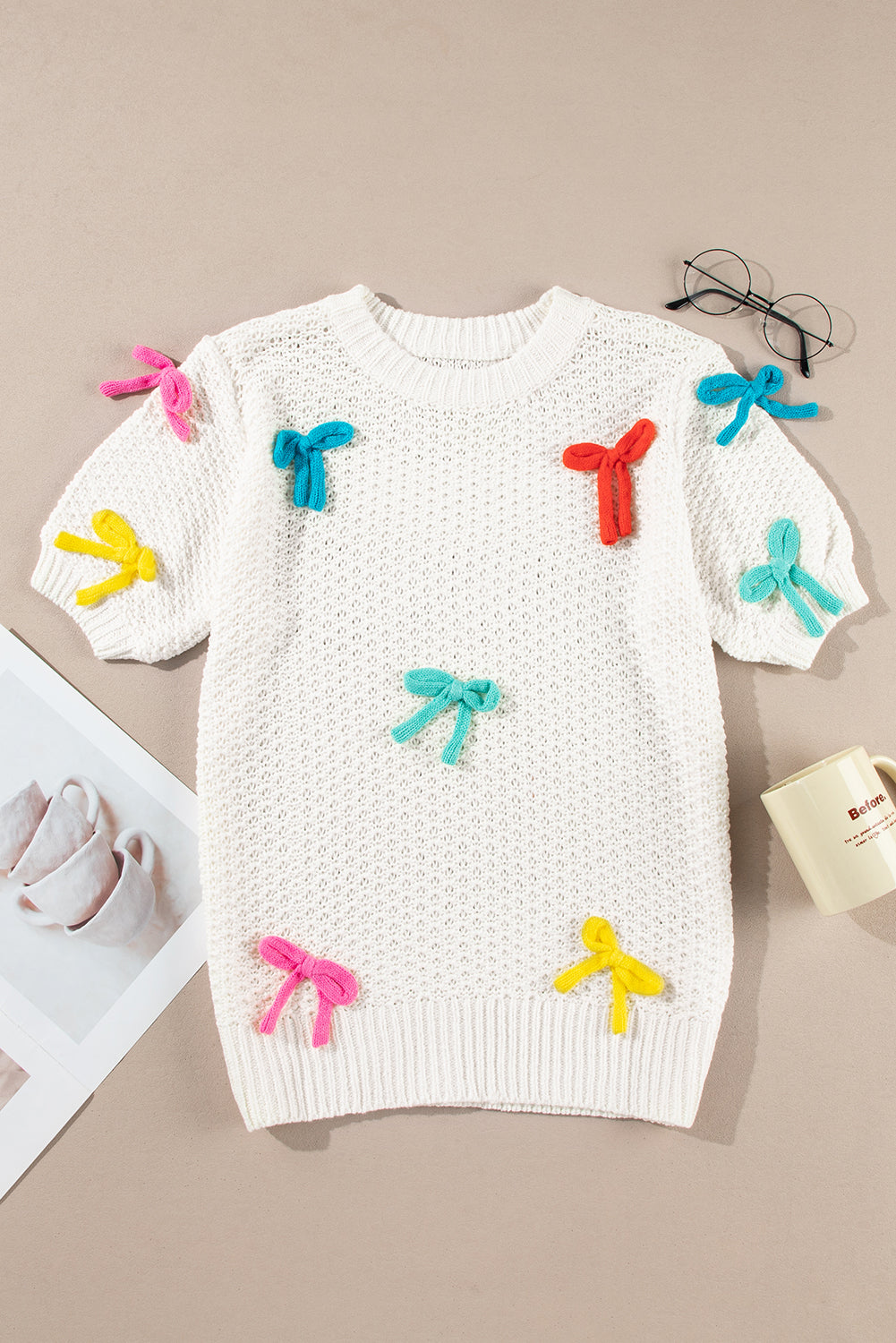 Colorful Bow Knit Mock Neck Short Sleeve Sweater