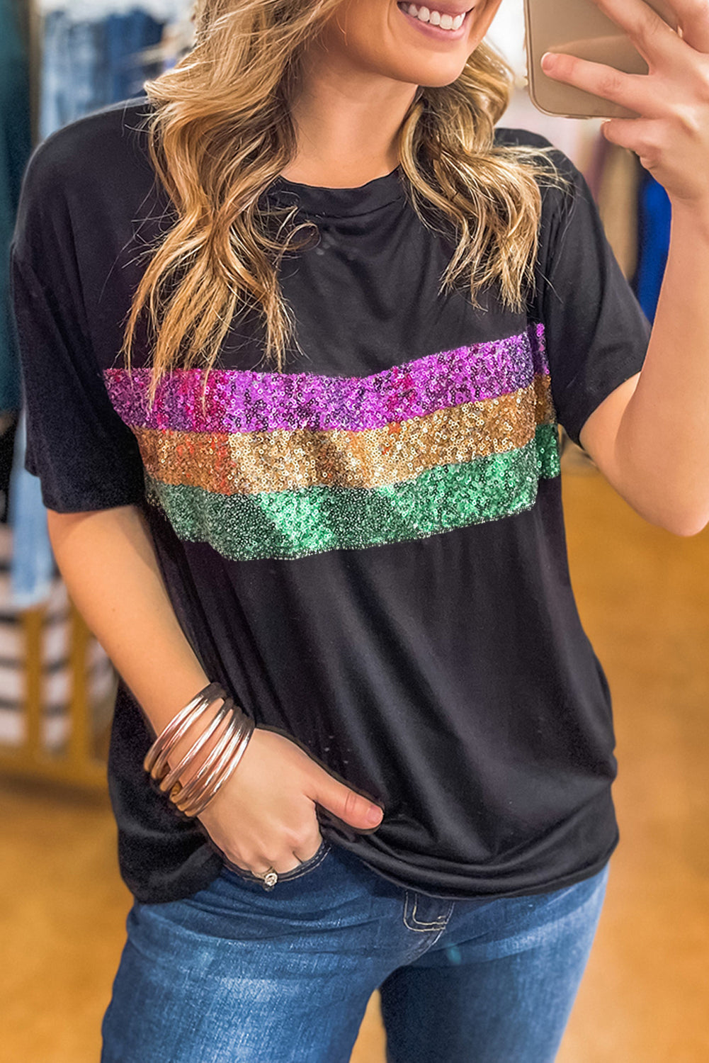 Sequin Stripes Patchwork Mardi Gras Crew Neck T Shirt